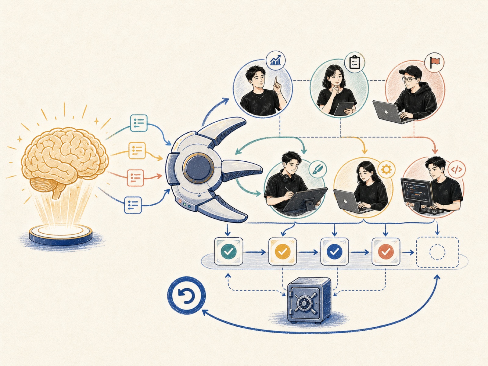 A brain and Claw coordinating agents and skills through saved checkpoints