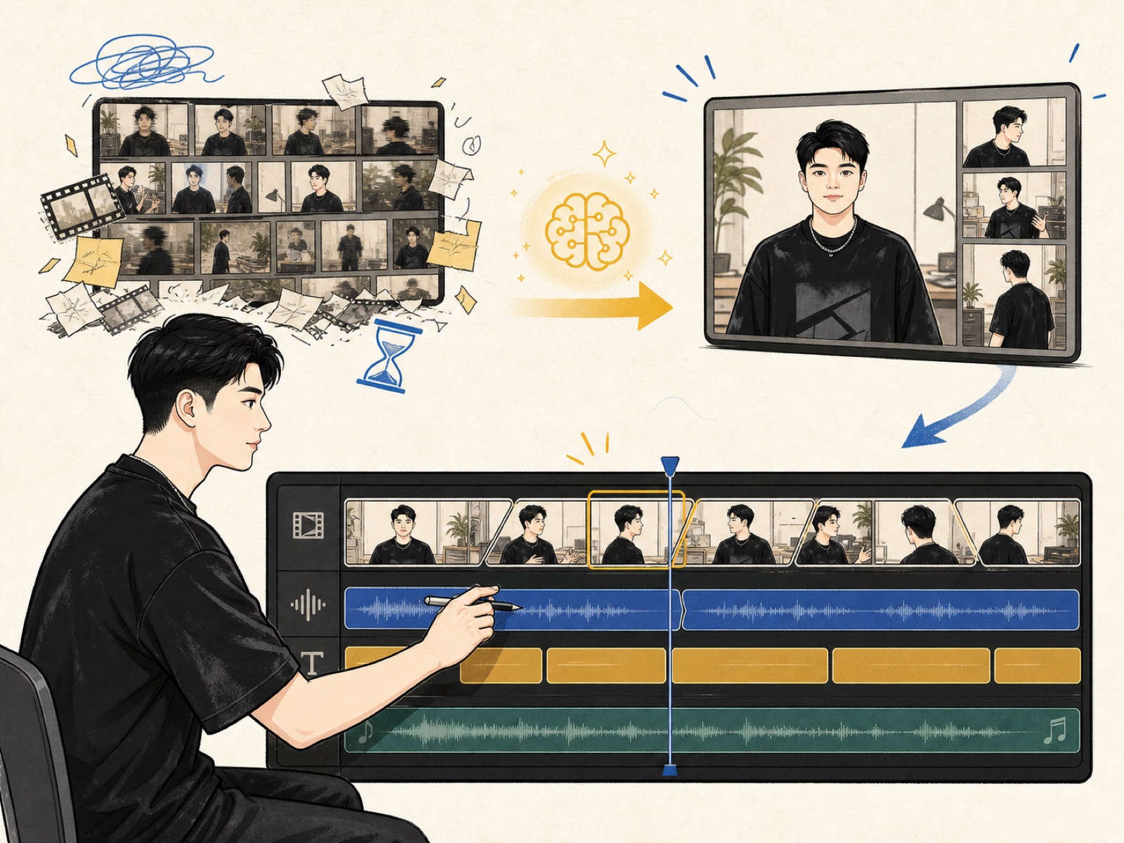 创作者把杂乱素材整理成仍可继续修改的多轨视频时间线