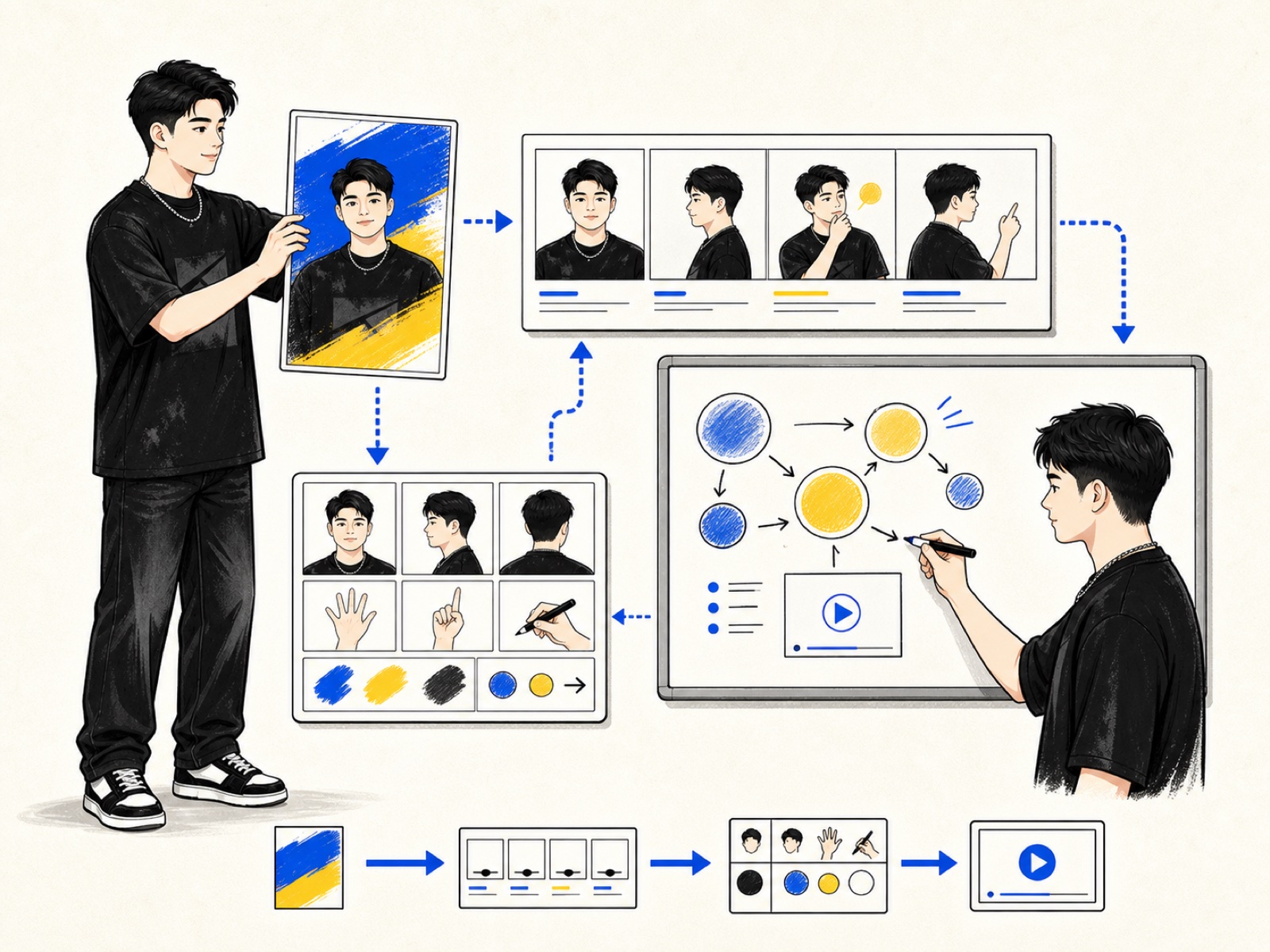 同じ人物が縦型表紙、絵コンテ、図解、ホワイトボード動画をつなぐ図