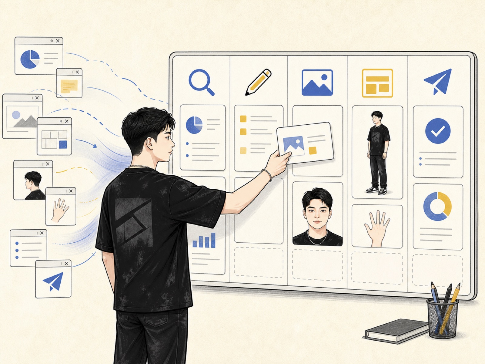 A creator moving writing, images, layout, and slides into one workbench